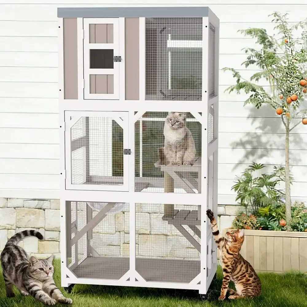 Cat Scratching Post - Buitenkattenverblijf met wielen, raam, tunnel, deuropening,