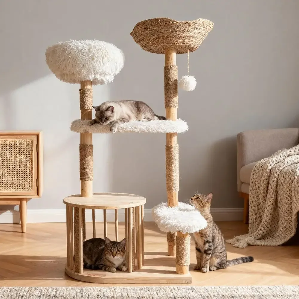 Cat Scratching Post - Natuurlijke houten kattentoren met sisal krabpaal